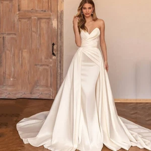 Satin Mermaid Wedding Dresses With Detachable Train Backless Pleated Bridal Gown - Picture 1 of 5