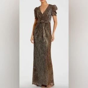 NWOT Mac Duggal Womens Gold Metallic Bow Waist Puff Sleeve V-Neck Gown Size 4 - Picture 1 of 10