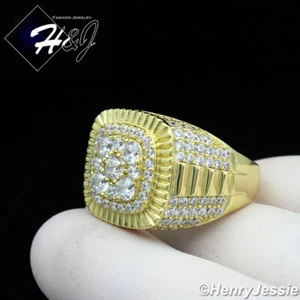 MEN 925 STERLING SILVER ICY CUBIC ZIRCONIA WATCN BAND STYLE GOLD PLATED RING*169 - Picture 1 of 5