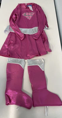 Pink Supergirl Child's Costume Medium 8-10 Dress Cape Boot Covers OPEN BOX - Image 1 of 4