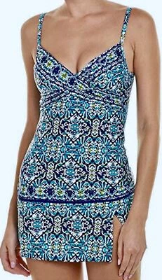 LA BLANCA Tuvalu Tapa Wrap OTS Top Skirtini Blue White Swim Suit Womens 6 8 10 - Image 1 of 4