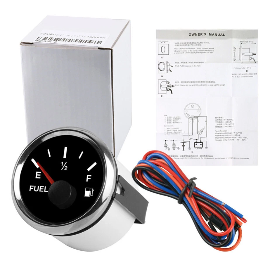 DC12/24V 52mm Car Boat Fuel Level Gauge Tank Indicator Meter Red LED Background - Image 1 of 4