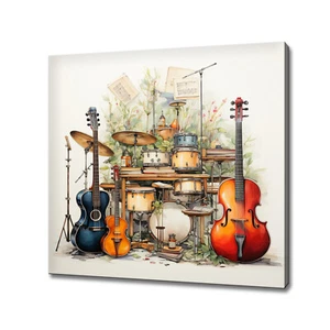 Instrumentos musicales acuarela pintura abstracta estilo lienzo impresión arte de pared - Imagen 1 de 9