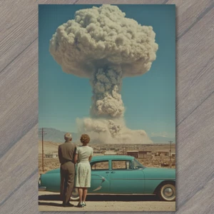 POSTCARD Desert Scene Car Atomic Nuclear Bomb Cloud Retro Style Couple Surreal - Picture 1 of 1