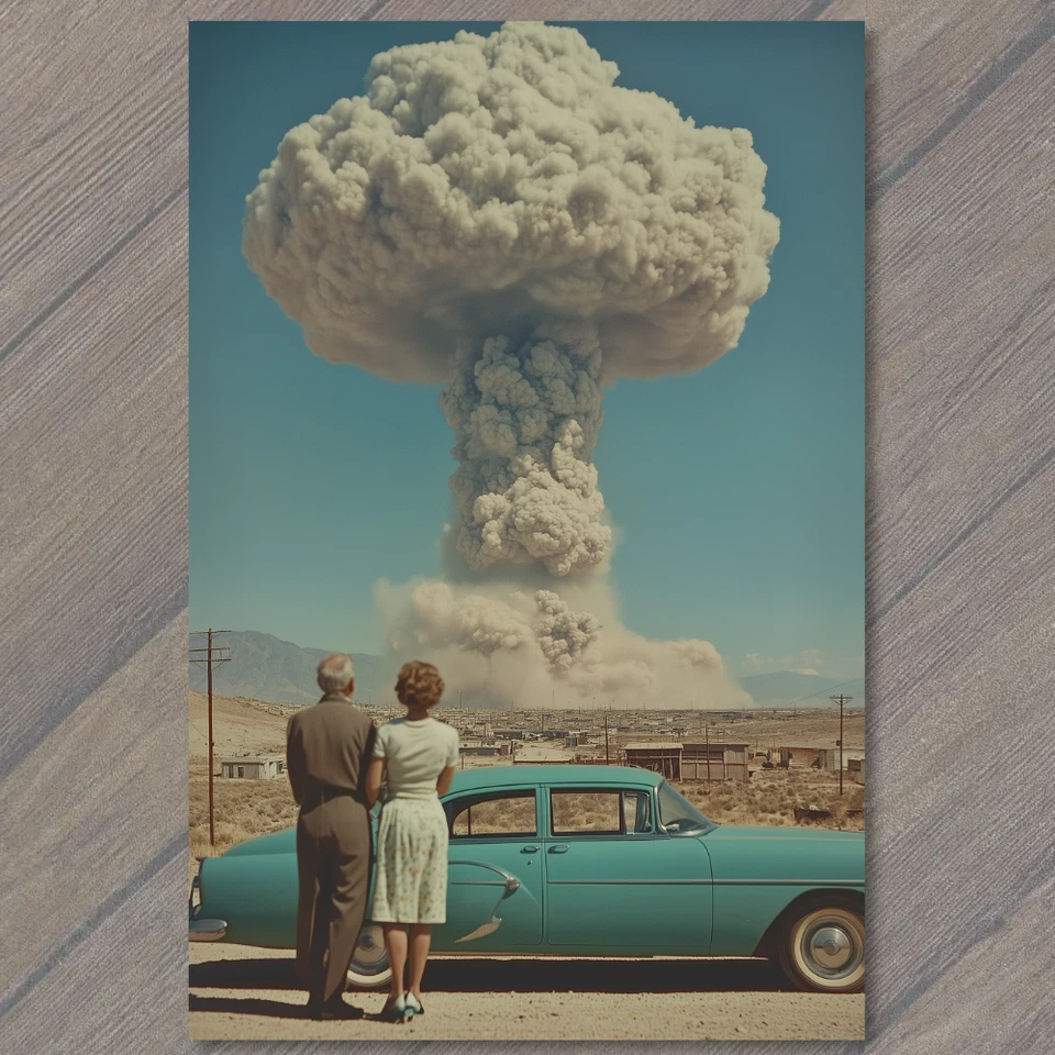 POSTCARD Desert Scene Car Atomic Nuclear Bomb Cloud Retro Style Couple Surreal - Image 1 of 1