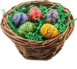 5 Pack Assorted Mini Hand Painted Wooden Pysanky Easter Eggs in Basket 1 7/8 In - Picture 1 of 5