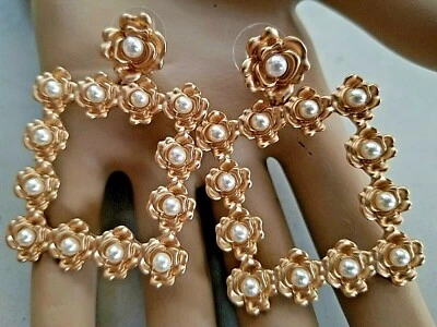 全新 玫瑰花 耳环 仿珍珠 金色 — 第 1/4 张图片