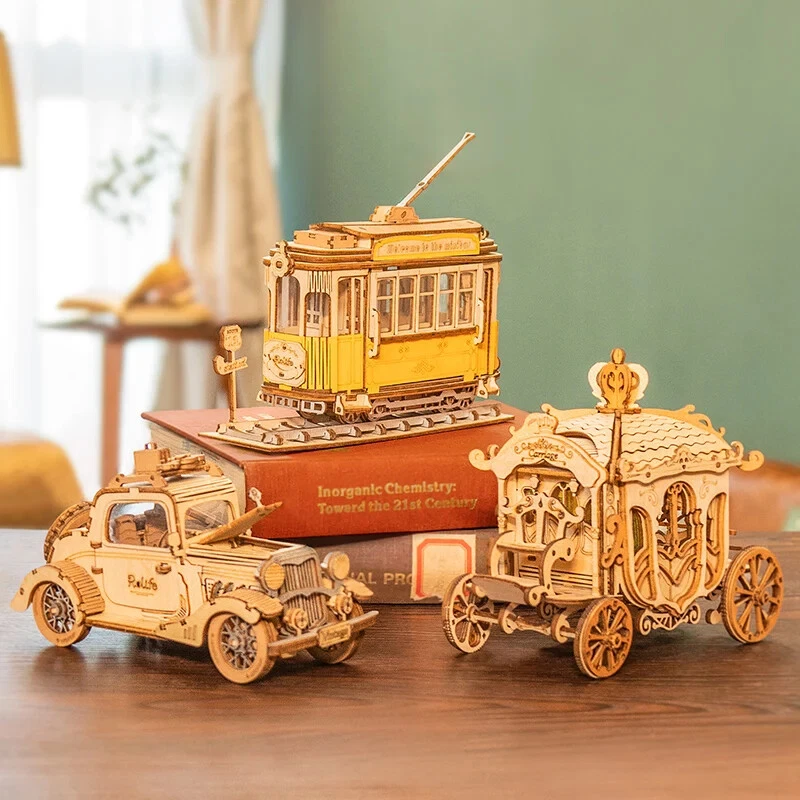 ROBOTIME Vintage Car, Tramcar & Carriage - 3D Wooden Puzzle DIY Kit - Image 1 of 1