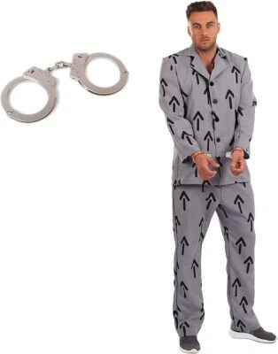 Mens Gray Prisoner Arrow Suit Handcuffs M-XL Inmate Convict Costume Halloween - Image 1 of 4