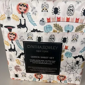 Cynthia Rowley Halloween QUEEN Size Sheet Set 4pc Black Cat Pumpkin Owl NEW - Picture 1 of 3