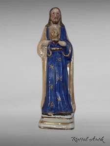 872510 Charming Small Antique PORCELAIN FIGURINE " HEART OF JESUS " Blue Gold - Picture 1 of 2