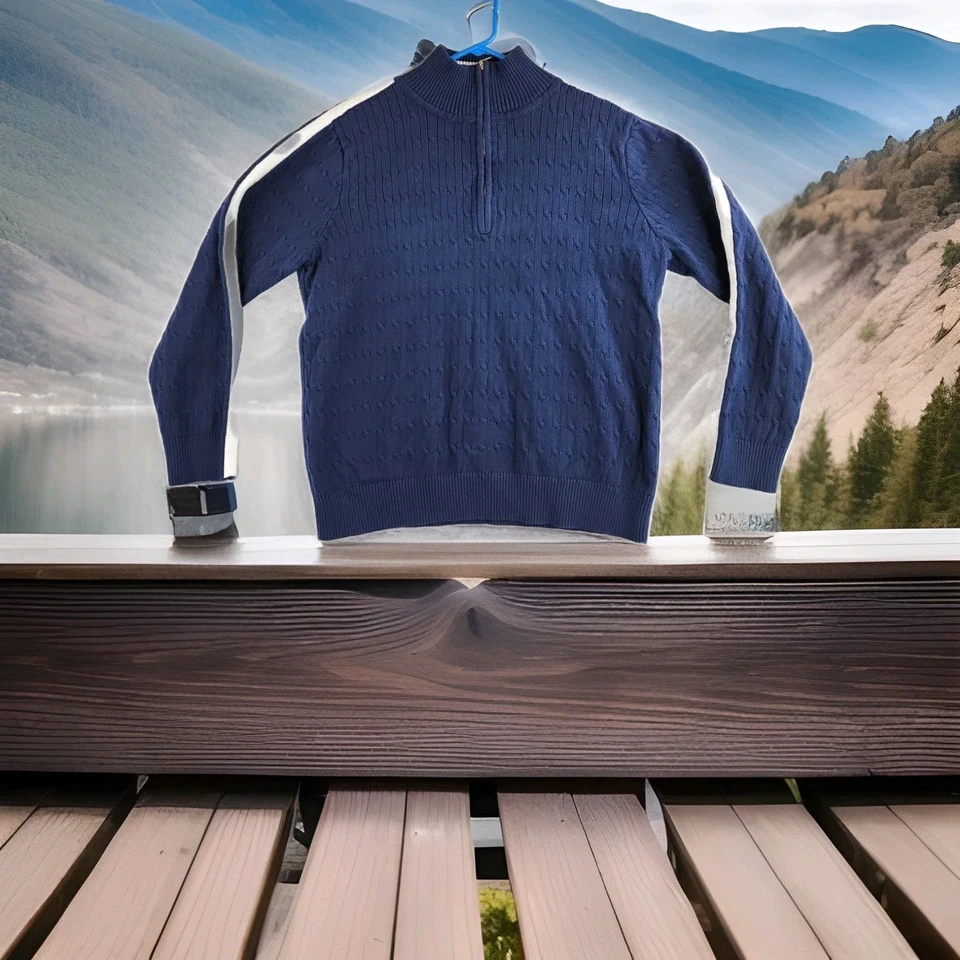 Liz & Co Sweater Navy Blue 1/4 Zip Cable Knit Mock Neck White Stripe Womens 3X - Image 1 of 4
