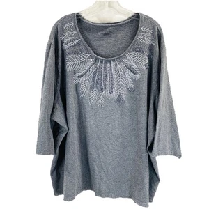 Catherines 5X Gray Knit Tunic Blouse 3/4 Sleeve Embroidery 3/4 Sleeve Cotton - Picture 1 of 9