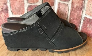 SOREL BLACK LEATHER OPEN TOE HIGH HEEL WEDGE LUG SOLE MULES 9.5M - Bild 1 von 6