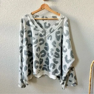 Maglione POL stampa leopardata grigio scollo a V taglia grande oversize slouchy boxy boho - Foto 1 di 6