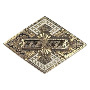 Antique Victorian Taille d'Epargne Brooch Pendant Geometric Black Enamel Tracery - Picture 1 of 12