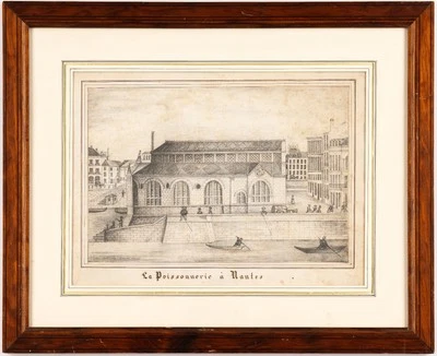 DESSIN ORIGINAL GALLET VUE DE L'ANCIENNE POISSONNERIE ÎLE FEYDEAU NANTES 1860 - Photo 1/2