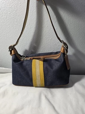 Coach 6854 Yellow Suede Stripe Blue Denim Zip Small Shoulder Bag Baguette - Image 1 of 4
