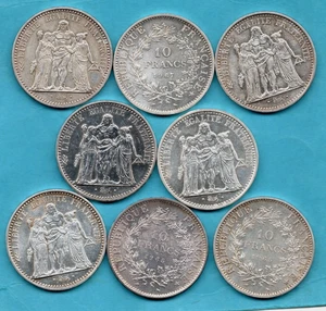 8 X FRENCH 10 FRANCS SILVER COINS. 25 GRAMS EACH. 1965 & 1967. FRANCE. JOB LOT. - Picture 1 of 2
