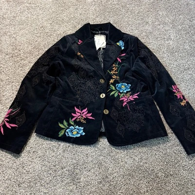 Paparazzi By Biz Black Corduroy Embroidered Floral Blazer Jacket XL - Image 1 of 4
