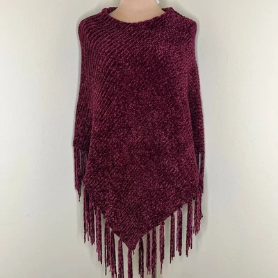 Poncho Ellen Tracy Pequeño Mujer Granate Chenilla Flecos Relajado Grueso Tejido Nuevo Foto 1 de 4