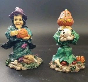 Halloween Bobble Head Witch & Bobble Head Pumpkinhead Figurines Spooky Whimsical - Picture 1 of 17