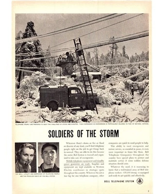Sistema telefónico Bell 1952 invierno tormenta de hielo daños vintage anuncio impreso arte de pared Foto 1 de 2