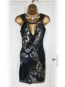 VINTAGE KAREN MILLEN Dark Sequin & Bead Embellished Mini Dress, size 10 - VGC - Picture 1 of 10