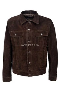 Mens Trucker Jacket Brown American Western Top Genuine Suede Leather Jacket 1280 - Picture 1 of 3