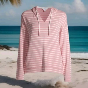 Pink Striped Pullover Hoodie Hooded Womens Sizes Time and Tru USA - Picture 1 of 11