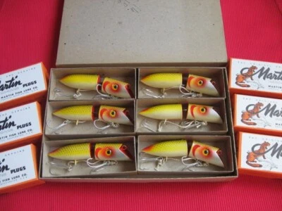 Vintage MARTIN Salmon Plug Jointed Wood Fishing Lure Full 6-Pack Carton - Image 1 of 4