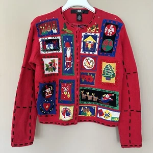 Vintage Women S Christmas Red Patchwork Cardigan Sweater Segue Embroidered Card - Picture 1 of 12