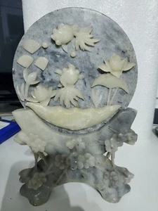 SOAPSTONE SCULPTURE Koi Fish Among Lily Pads. Asian. 2-Pieces: Medallion & Stand - Picture 1 of 4