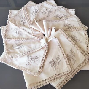 Vtg Cotton Linen Embroidered Napkins Crochet Lace Floral x 11 Square 42cm VGC - Picture 1 of 8
