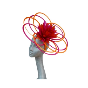 Gabrielle - Pink & Orange Loop Fascinator ASCOT WEDDING - Picture 1 of 8