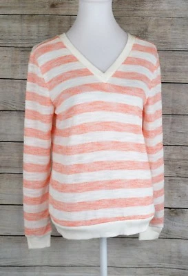 Suéter pulôver feminino de tule gola V manga longa listra branca coral M - Imagem 1 de 4