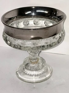 Indiana Glass Kings Crown Clear Compote 5" Silver Band Thumbprint Pedestal Dish - Picture 1 of 4