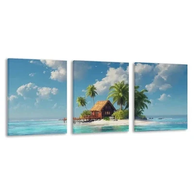3pcs Overwater Bungalow & Palm Tree Beach Scene Wall Art Canvas Framed 50x70cm - Image 1 of 2