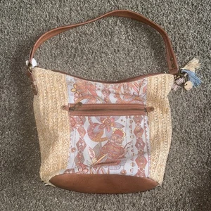 SakRoots Summer Shoulder Bag Purse Owl Print Hobo Denim Straw Weave - Picture 1 of 6
