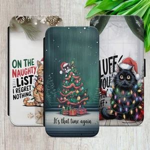 CHRISTMAS CATS FLIP CASE FOR IPHONE SAMSUNG GOOGLE FUNNY GIFT WALLET PHONE COVER - Picture 1 of 38