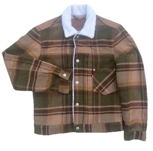 Levi’s Premium Sherpa Lined Brown Green Patterned Chore Trucker Jacket - XS - Picture 1 of 20