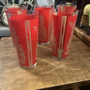 Culver Red & Gold Drinking Glasses Vintage 1960s Thai Goddess 5" High Set of 5 - Picture 1 of 4