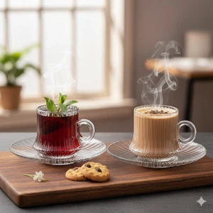 12PC Clear Glass Tea Cup & Saucer Set Coffee Espresso Cappuccino Tea Set 220ml - Picture 1 of 1