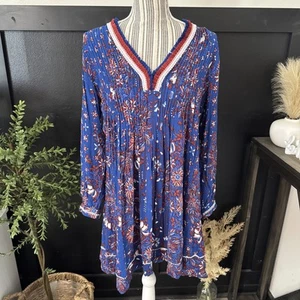 Poupette St Barth Sasha V Neck Pullover Mini Ruffle Fringe Dress Blue Tropical L - Picture 1 of 10