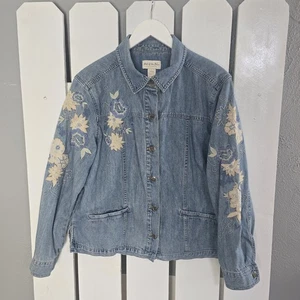 J. Jill Denim Jean Jacket Floral Embroidered Large Blue Lightweight Boho Artsy - Picture 1 of 7