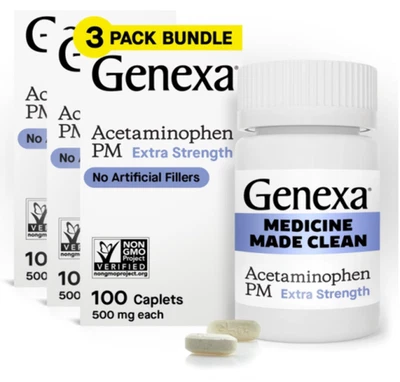 3x Genexa Clean Acetaminophen PM 500mg Nighttime Sleep Aid, 100 Tablets 12/2025 - Image 1 of 4