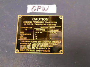 Jeep Willys FORD GPW Brass Caution road speed plate (P60) - Picture 1 of 1