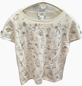 NWT Talbots Cream Silver/Pearl Pullover Short Slv Sweater-Merino-Sz. M-MSRP$129+ - Picture 1 of 3