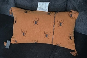 Spooky Decorative Orange Throw Pillow With Black Spiders Halloween Decor - Picture 1 of 4