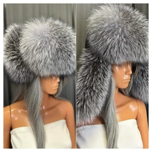 Blue frost fox fur ushanka hat with leather top (Saga Furs) (Unisex) - Picture 1 of 5